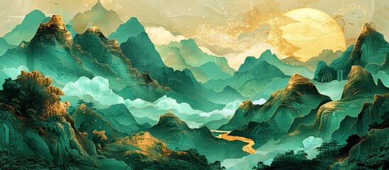 Beautiful glowing mountains and moon design. Wallpaper. AI generated illustration