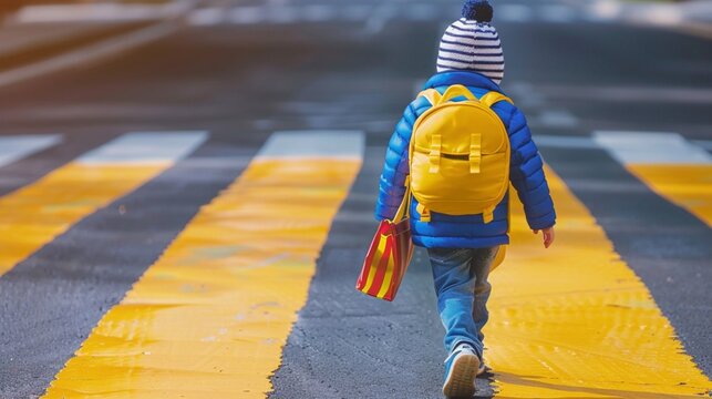 A little child, kindergarten boy hold his backpack walking on pedestrian crossing to school by himself. Safety, Life skills, Speed limit, School zone, Back to school, Road, Drive carefully concept