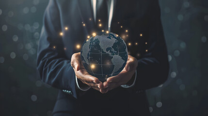 Wall Mural - Franchise business concept: Businessman holds a virtual globe w franchise business icon for growth, franchise marketing system in global business network, brand building, and modern technology design.