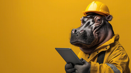 Canvas Print - Banner with portrait of hippopotamus in yellow hard hat, yellow worker jacket holding tablet on the solid yellow background