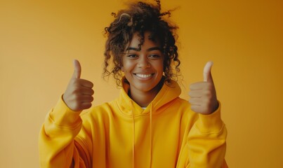 Wall Mural - Young curly african american girl in a yellow sweatshirt smiling with healthy teeth showing thumb up at copy space expressing wow emotion standing isolated on mint background