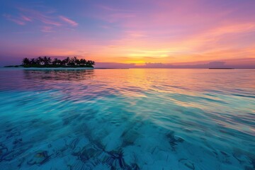 Wall Mural - A stunning view of the Maldives at sunset, with clear blue waters and palm trees on an island beach Generative AI