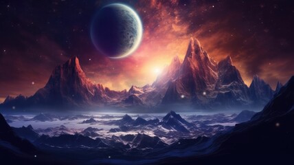 Sticker - the fantasy picture of high mountain landscape with giant stars and space nebula lighting in the nig