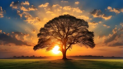 Wall Mural - The beautiful one tree and sunset