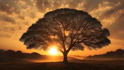 Wall Mural - The beautiful one tree and sunset