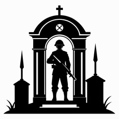 Wall Mural - A soldier standing guard at a tomb, black silhouette on a white background