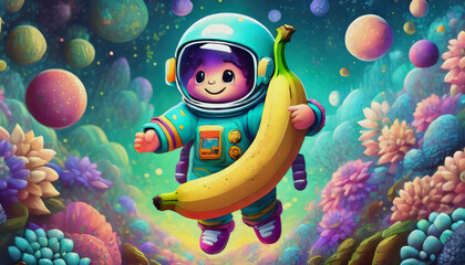 oil painting style Cute banana with astronaut suit floating in space colors turquoise violet and Pink