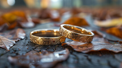 Wall Mural - wedding rings on autumn leaves. close-up of gold engravings