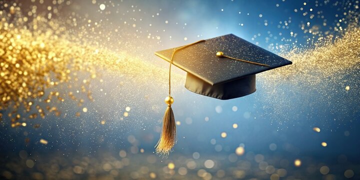 A single graduation cap, adorned with a golden tassel, floats effortlessly in a cloudless sky, surrounded by a shower of shimmering gold confetti, graduation cap, sky, confetti, gold