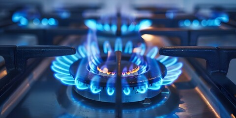 Wall Mural - Impact of Global Gas Crisis Symbolized by Blue Flames on Gas Stove on Energy Sector. Concept Global Gas Crisis, Blue Flames, Gas Stove, Energy Sector, Symbolism