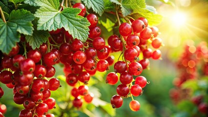 Wall Mural - A vibrant cluster of ripe red currants hangs from a green bush, bathed in the warm glow of the summer sun, showcasing their jewel-like beauty, red currants, berries, fruit, summer, garden