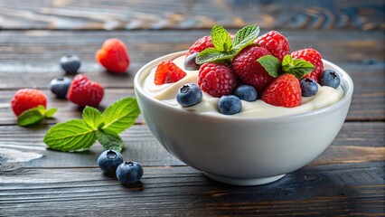 Wall Mural - A bowl of Greek yogurt topped with fresh berries , healthy, breakfast, snack, dairy, fruit, organic, delicious, creamy, red, blue, antioxidant, natural, bowl, spoon, food, isolated, fresh
