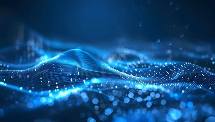 Poster - Abstract blue digital wave background with glowing dots and waves, dark black background

