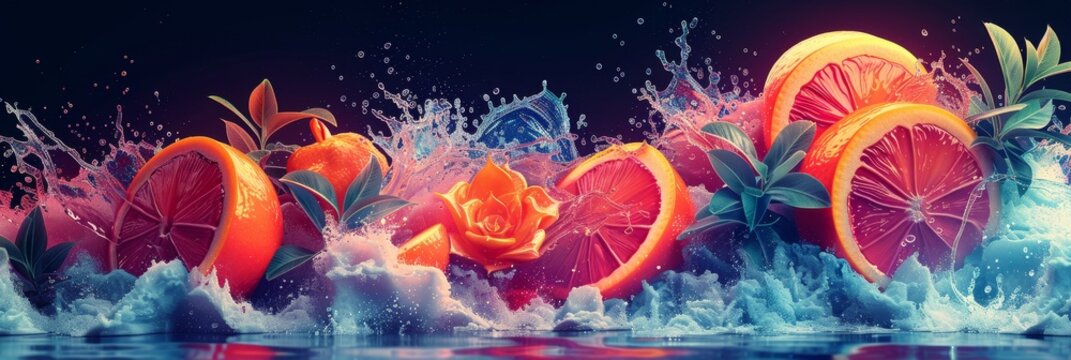 Vibrant Orange Slices in Water Splash With Green Leaves and a Rose