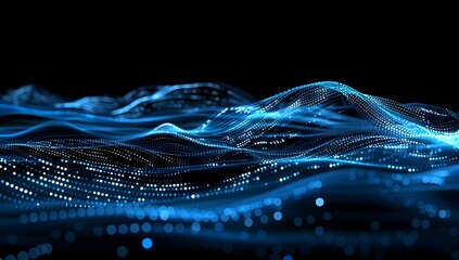 Poster - Abstract digital background with blue glowing waves and dots on black, symbolizing the concept of big data technology in cyberspace
