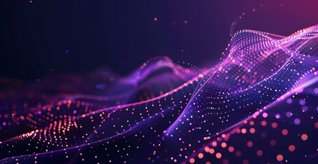 Poster - Abstract wave of dots and lines in purple and pink colors on a dark background, a vector illustration design with a digital sound wave effect in the style of music poster or template
