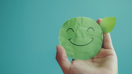 Cheerful green paper face in a hand, symbolizing positive thinking and mental wellness, against a tranquil blue background