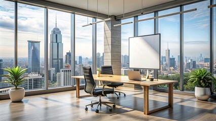 Wall Mural - Modern office interior with blank poster, large windows overlooking Bangkok cityscape, and workspace setup, office, interior, blank, poster, windows, Bangkok, cityscape, workspace, setup