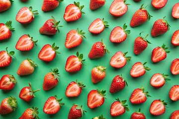 Wall Mural - Pattern of whole and sliced strawberries on green background, strawberries, pattern, green, background, fruit, fresh, juicy, vibrant, red, summer, harvest, organic, textured, delicious