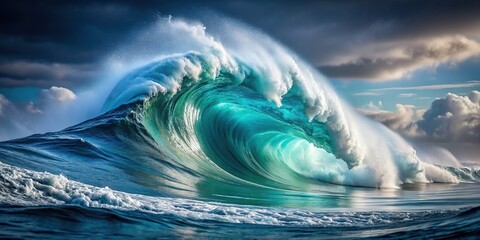 Wall Mural - A single, powerful ocean wave, frozen in motion, with a cresting peak and a swirling foam, isolated against a background, ocean wave, wave, sea wave, water wave, cresting wave
