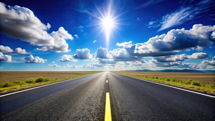 A seemingly endless stretch of asphalt ribbon cuts through a vast, sun-drenched landscape, the only company the lazy, white clouds drifting across the azure sky, empty road, summer