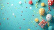 © admin_design - Colorful festive background with balloons, confetti, and gift box on a blue surface. Perfect for birthday or celebration themes.