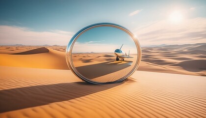 Wall Mural - mirror plane in the middle of Sahara Arabia sunny desert like a dream illusion portal or tourism travel