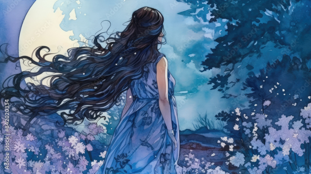 Beautiful Young Woman with long hair Looks at the Moon in a Magical ...