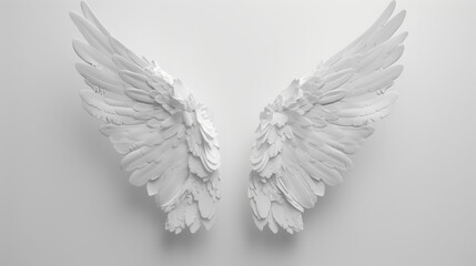 Poster - Pair of white feather wings is spreading on a minimal white background, creating a beautiful contrast