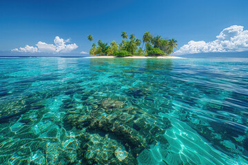 Wall Mural - Crystal-clear waters surrounding a lush tropical island under a blue sky
