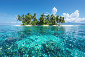 Wall Mural - Crystal-clear waters surrounding a lush tropical island under a blue sky