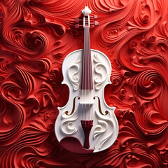 Wall Mural - beautiful white violin on dark red futuristic background, abstract music design with flowing lines