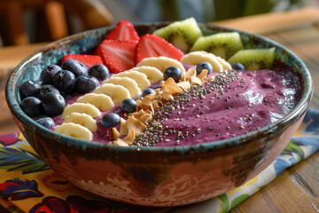 A vibrant smoothie bowl topped with fresh fruits and seeds