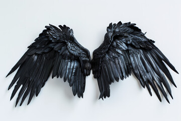 Sleek black bird wings on white background evoke power, freedom, and spirituality with a touch of fantasy and gothic flair