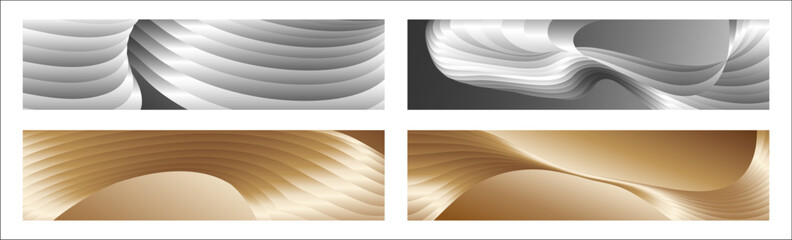 Wavy silver and gold parallel gradient lines, ribbons, silk. Set of 4 backgrounds. Black and white with shades of gray or golden silk. Banner, poster. eps vector