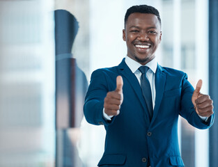 Poster - African businessman, portrait and thumbs up in office for achievement and success in career. Trader, professional and promotion in corporate company for goals, development and happiness for bonus