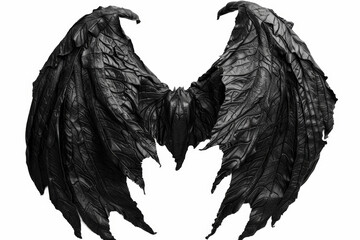 Pair of black, textured, folded dragon wings is isolated on a white background