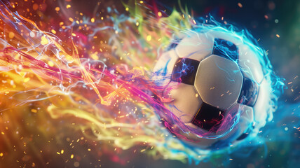 Wall Mural - Dynamic soccer ball bursting with colorful energy