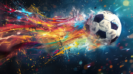 Wall Mural - Dynamic soccer ball bursting with colorful energy