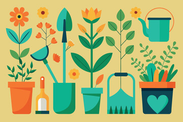 Wall Mural - This image shows a picturesque garden. It features a variety of flora, including trees, flowers, and plants of various shapes and sizes. Gardening tools such as watering cans, pots, and rakes are also