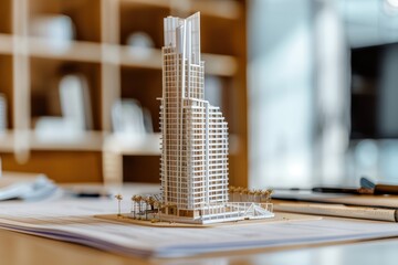 Detailed Model of a Modern Glass and Steel Skyscraper on a Table