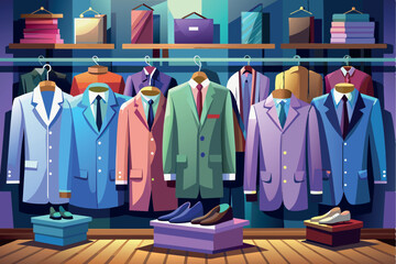 variety of men's fashion in a clothing store. It shows several rows of shelves on which shirts of different colors are neatly stacked. Underneath the shelves is a rack with several suits of clothing.