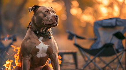 Wall Mural - A muscular brown pitbull dog wearing a leather collar. sitting next to a firepit with camping chairs behind him in an outdoor setting with evening light. bokeh effect 