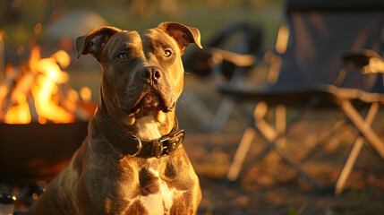 Wall Mural - A muscular brown pitbull dog wearing a leather collar. sitting next to a firepit with camping chairs behind him in an outdoor setting with evening light. bokeh effect 