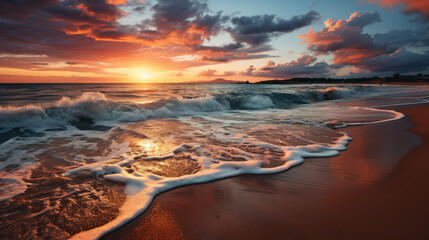 Wall Mural - A peaceful dawn over a tranquil shore with soft waves and golden tones