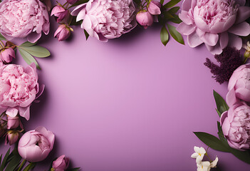 Wall Mural - Empty feminine lilac purple peony flowers frame on graceful lilac background, for sign design, wedding invitation, cosmetic product, Mother's Day, Valentine, Woman's Day mock up with copy space.
