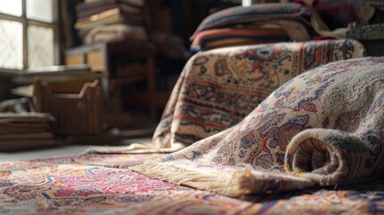 Wall Mural - Old rolled rug in vintage cozy room with natural light reflects vintage charm