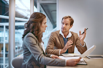 Aufkleber - Business people, paperwork and discussion in an office with planning, work collaboration and job. Meeting, document and financial file with professional audit team and talking about finance project