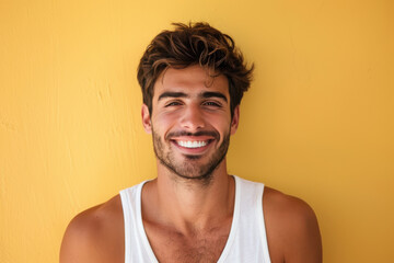 A close up portrait of a young man with a subtle smile