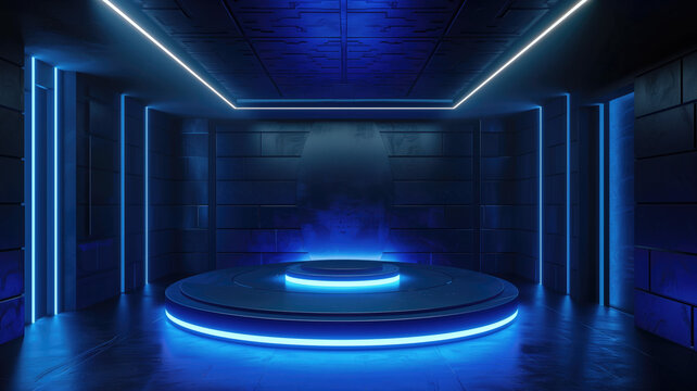 Futuristic Sci Fi Room with Illuminated Blue Podium in Dark Minimalist Interior Design